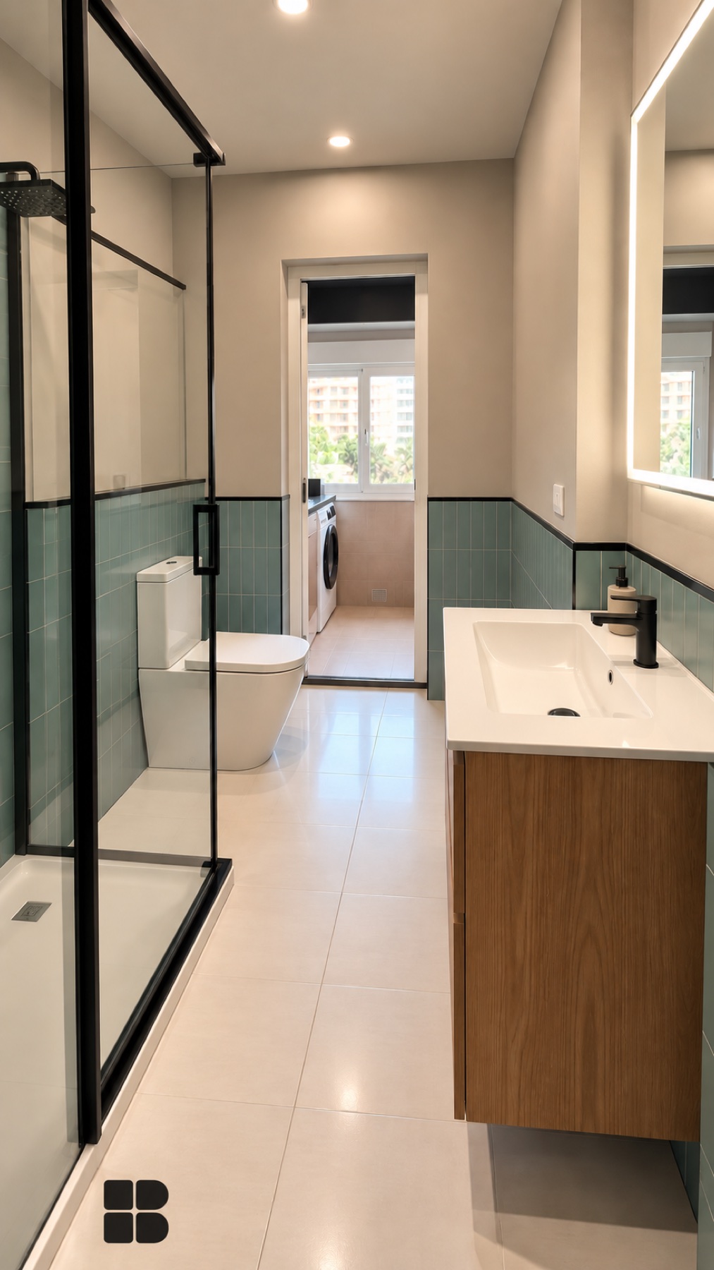 Baño reformado en Sant Andreu con azulejo verde y mueble de madera